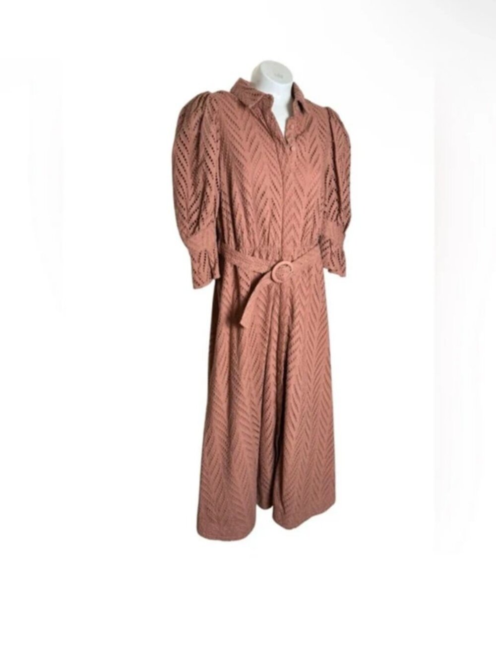 Bardot Belted Eyelet Puff Sleeve Button Down Midi Dress Sz.6